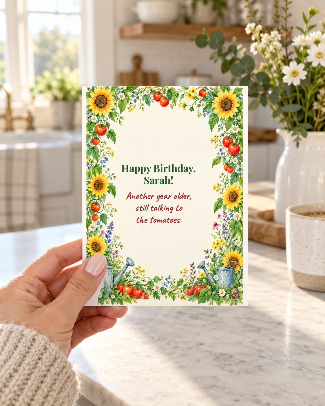 Hand holding funny gardening birthday card