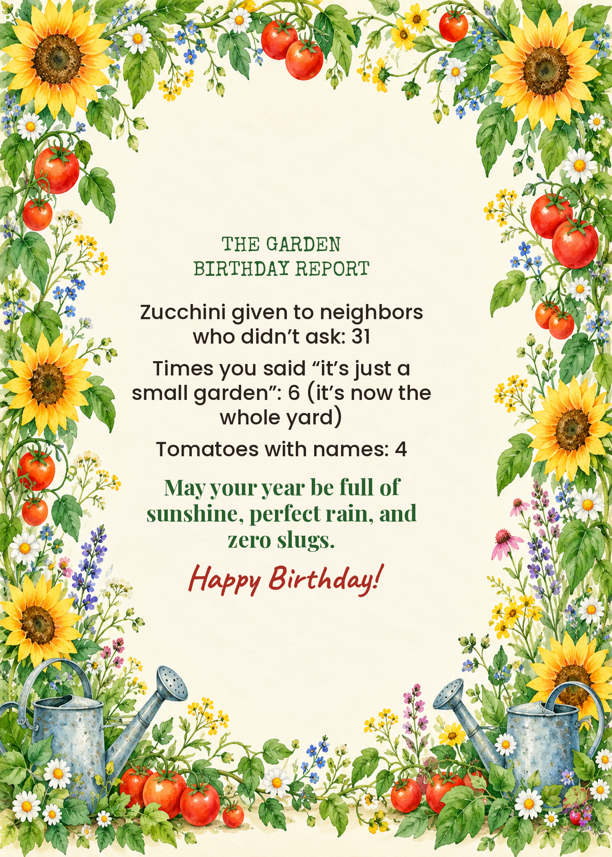 Card inside: the garden birthday report with funny gardening stats