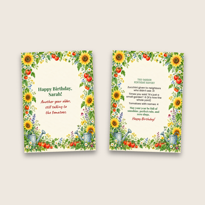 Gardening birthday card cover and inside side by side