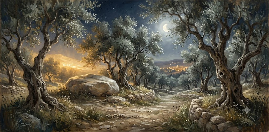 Garden of Gethsemane moonlit olive grove Christian fine-art