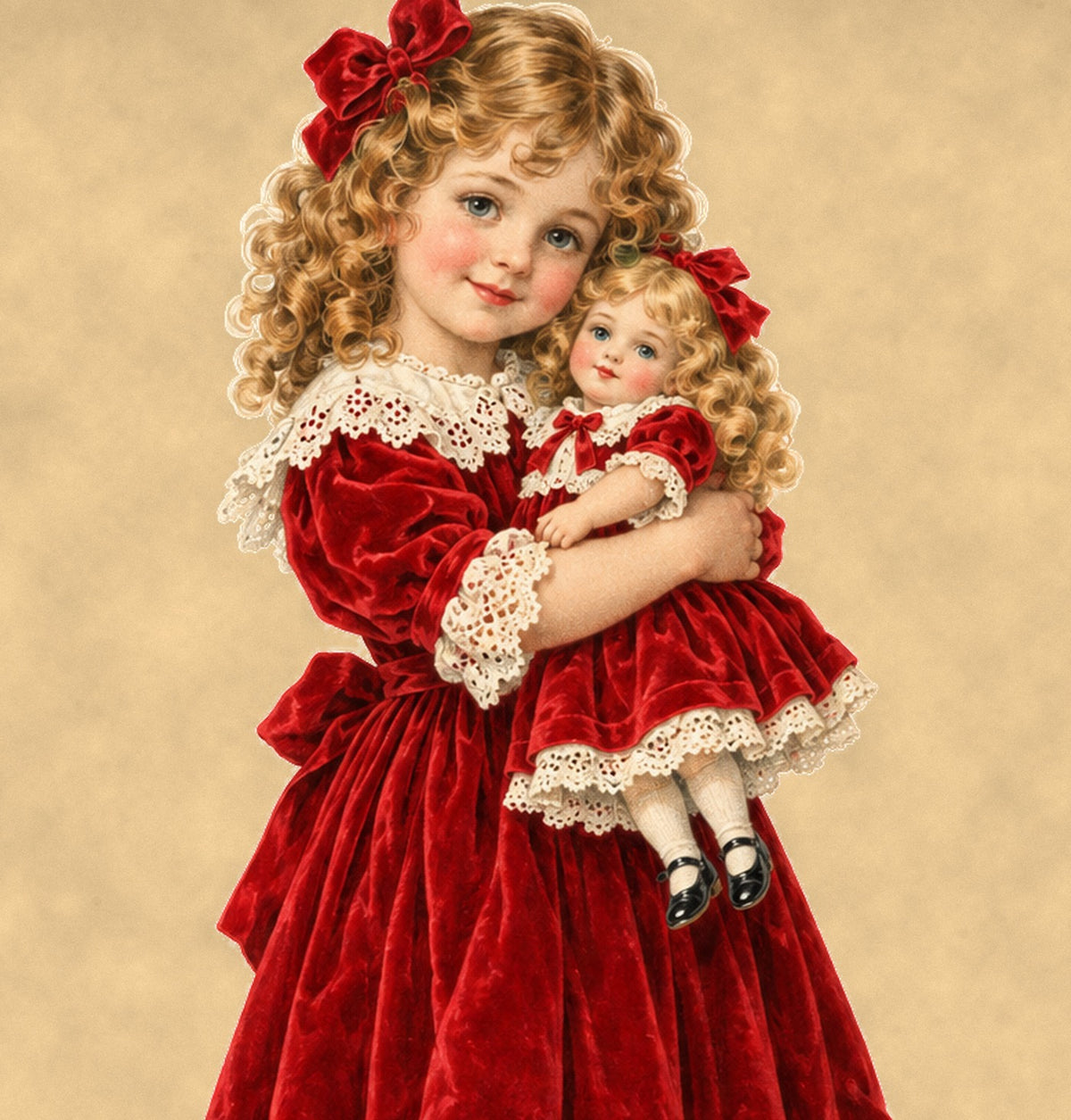 Close-up detail of the vintage Christmas girl with doll artwork