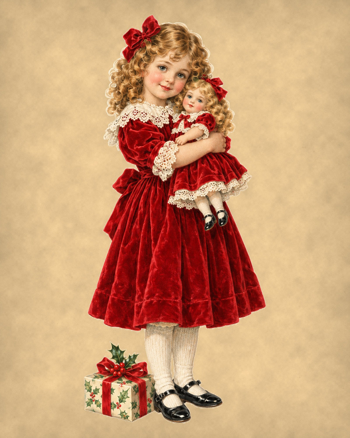 Vintage Christmas girl with doll 8x10 print on warm parchment