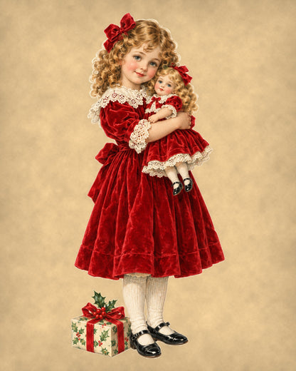Vintage Christmas girl with doll 8x10 print on warm parchment