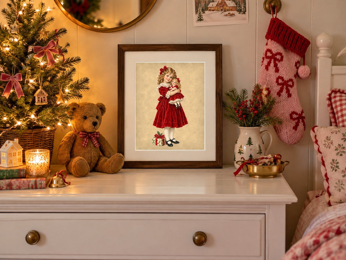 Vintage Christmas girl with doll print framed on a white dresser with teddy bear and tree
