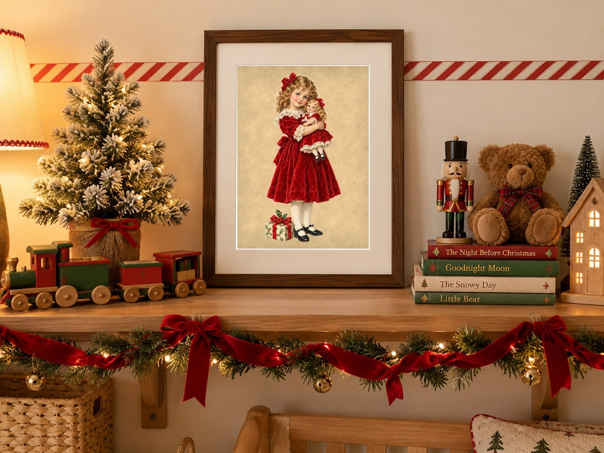 Vintage Christmas girl with doll print framed on a nursery shelf with a toy train and nutcracker