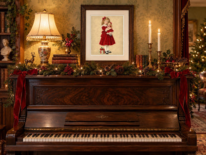 Vintage Christmas girl with doll print framed on a Victorian piano with garland and candles