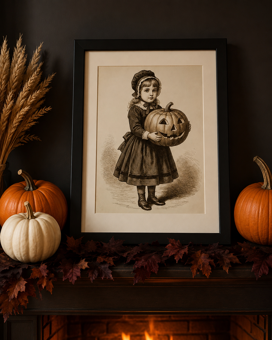 Girl With Pumpkin vintage 8x10 print framed on a Halloween mantel with pumpkins and fireplace glow