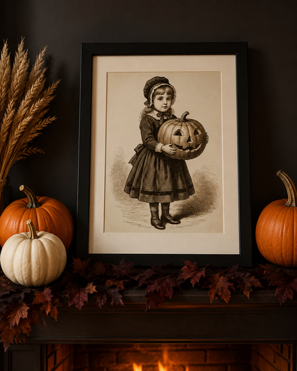 Girl With Pumpkin vintage 8x10 print framed on a Halloween mantel with pumpkins and fireplace glow