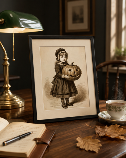Girl With Pumpkin vintage 8x10 print framed on a walnut desk with brass lamp