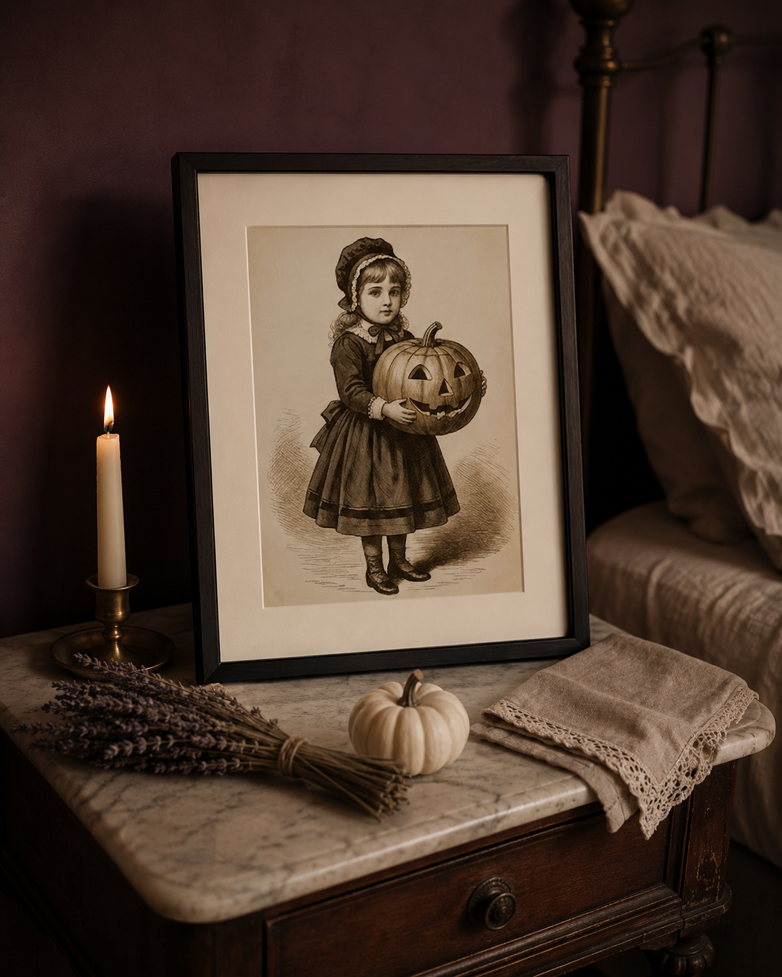 Girl With Pumpkin vintage 8x10 print framed on a marble nightstand with candle and dried lavender