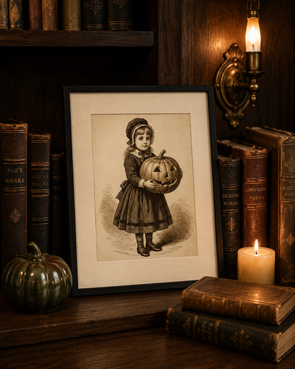Girl With Pumpkin vintage 8x10 print framed on a walnut bookshelf with antique books and candlelight