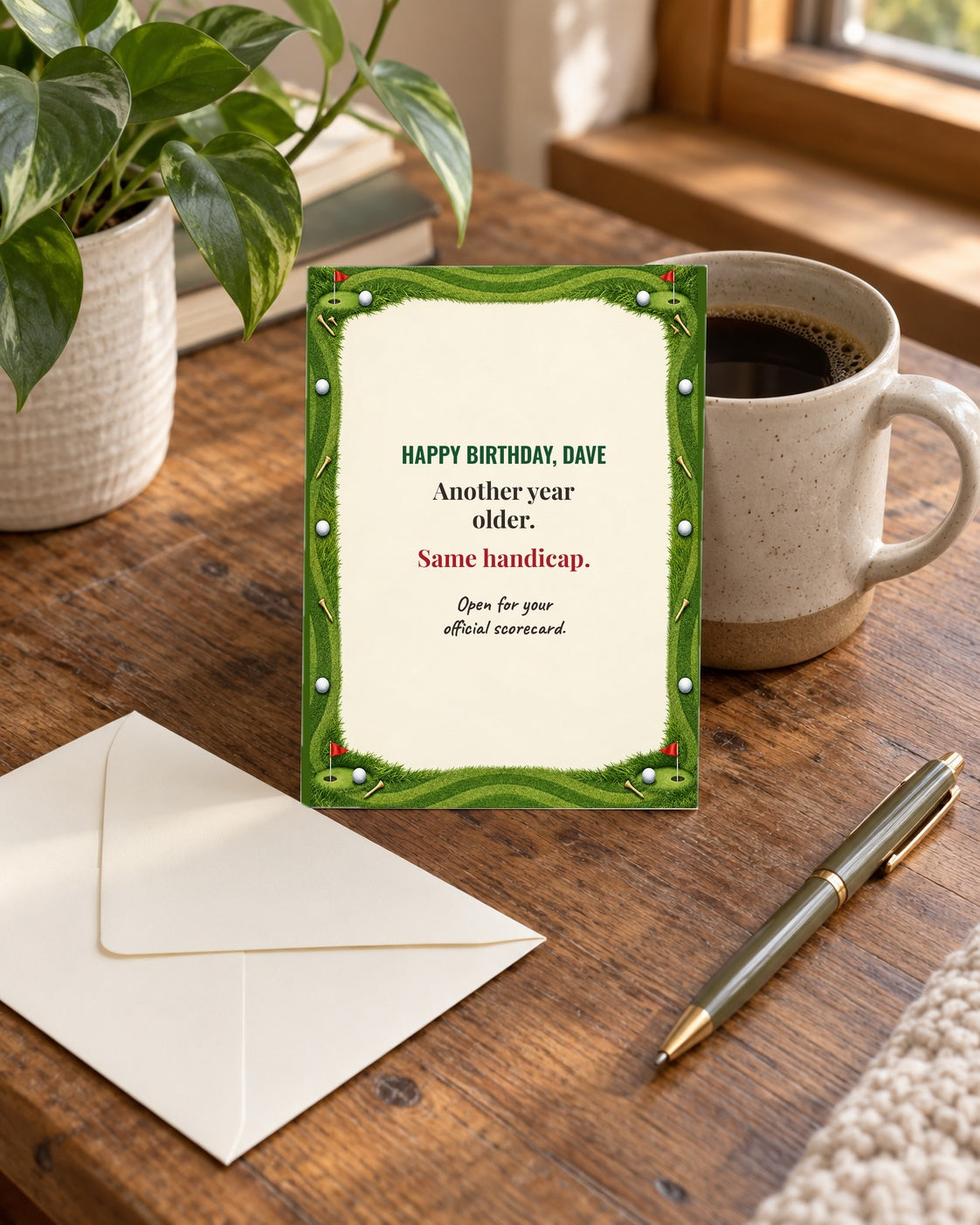 Funny golf birthday card styled on a desk