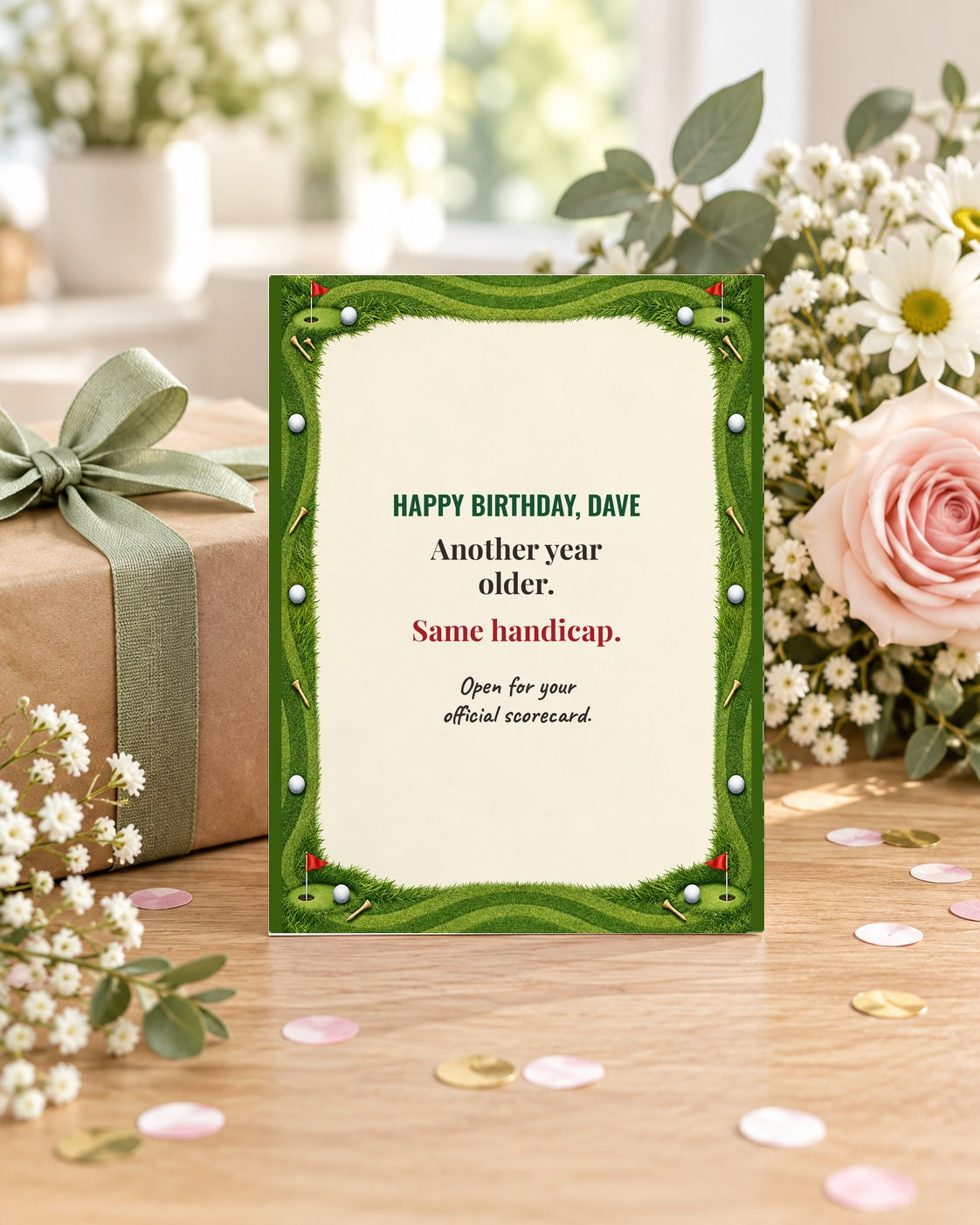 Funny golf birthday card styled with a gift
