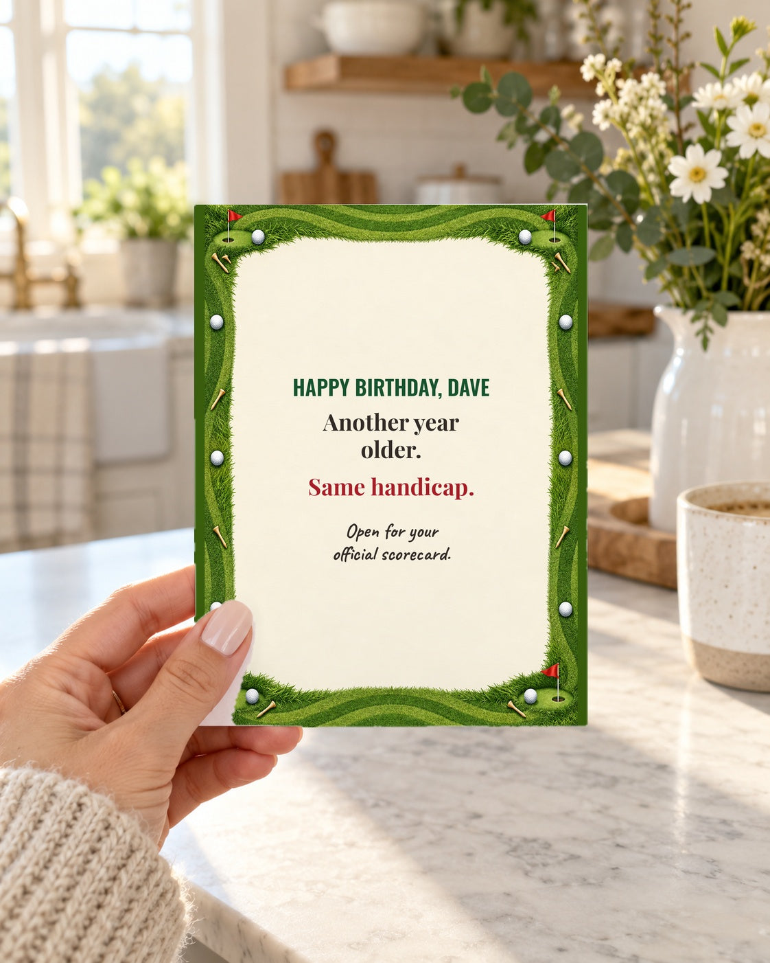 Funny golf birthday card held in hand