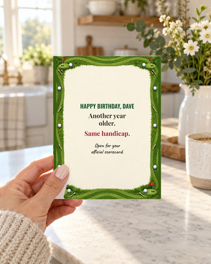 Funny golf birthday card held in hand