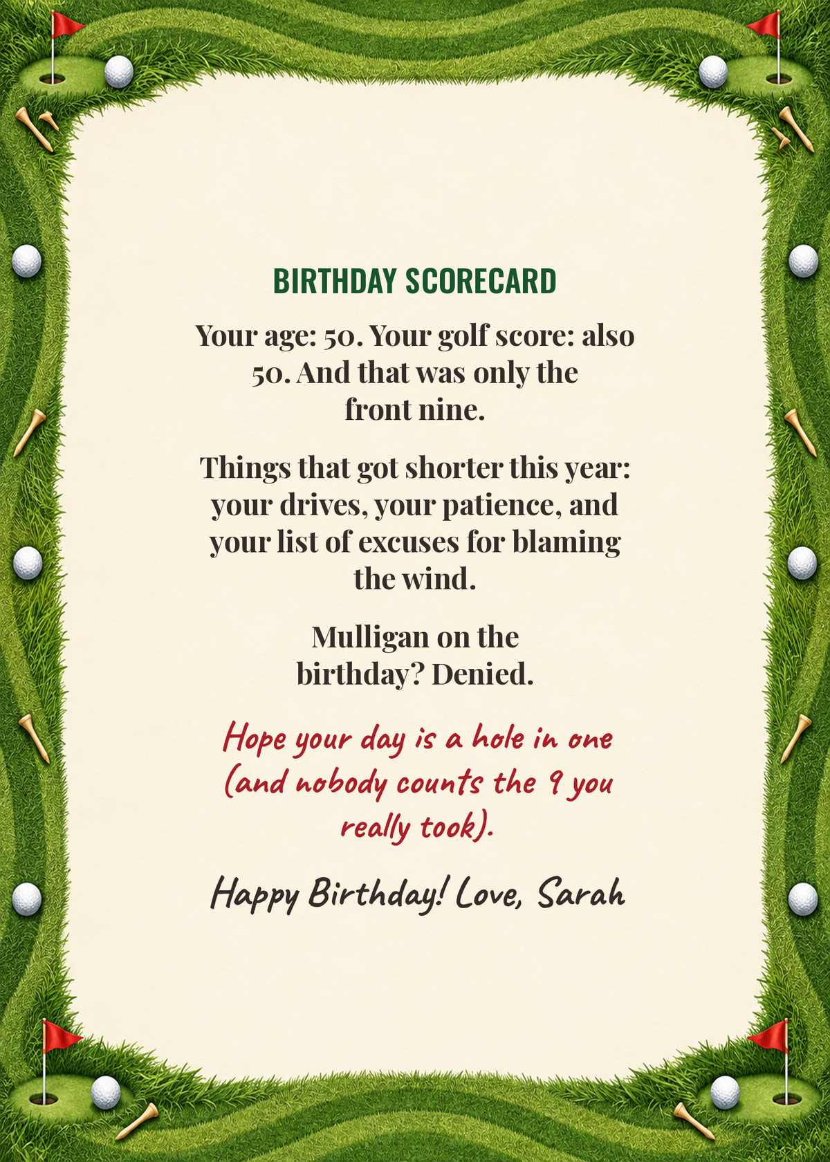 Birthday scorecard golf card inside