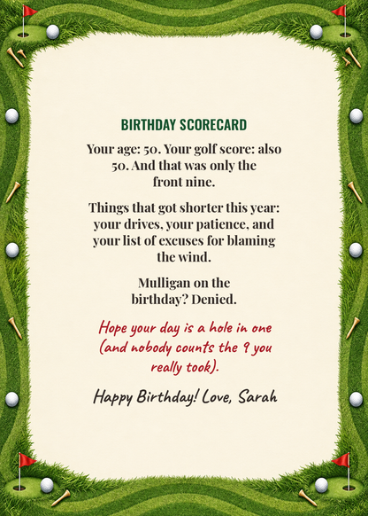 Birthday scorecard golf card inside