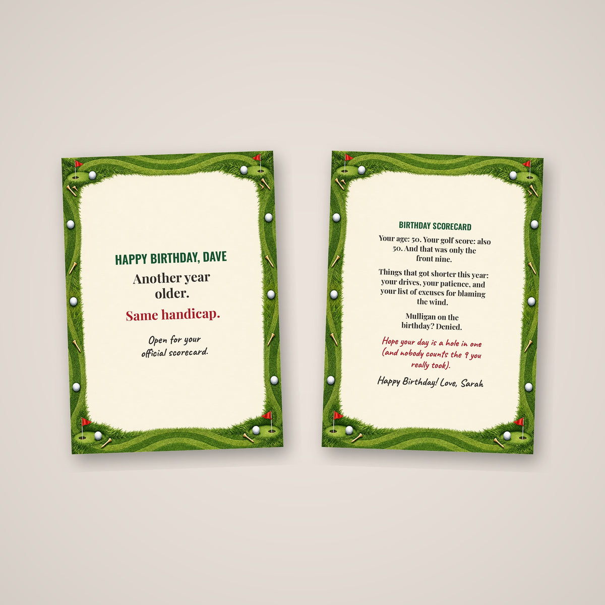 Funny personalized golf birthday card cover and inside
