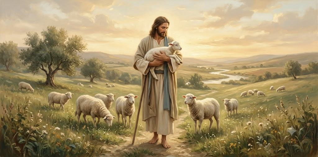 Good Shepherd Jesus holding lamb painting