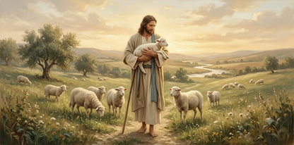 Good Shepherd Jesus holding lamb painting