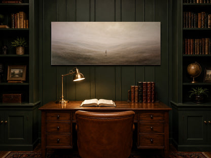 Good Shepherd canvas in a deep green study with walnut desk and open Bible