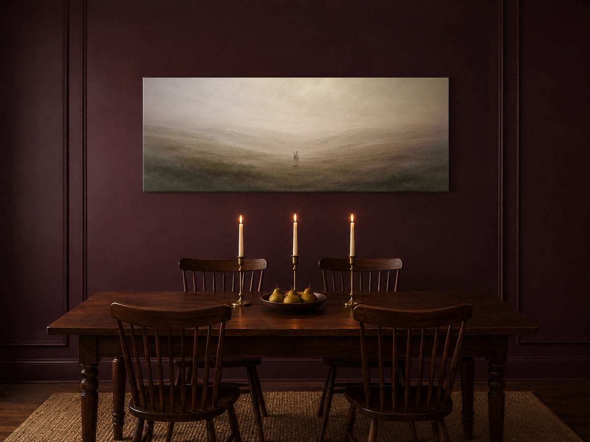 Good Shepherd canvas in a plum dining room with taper candles