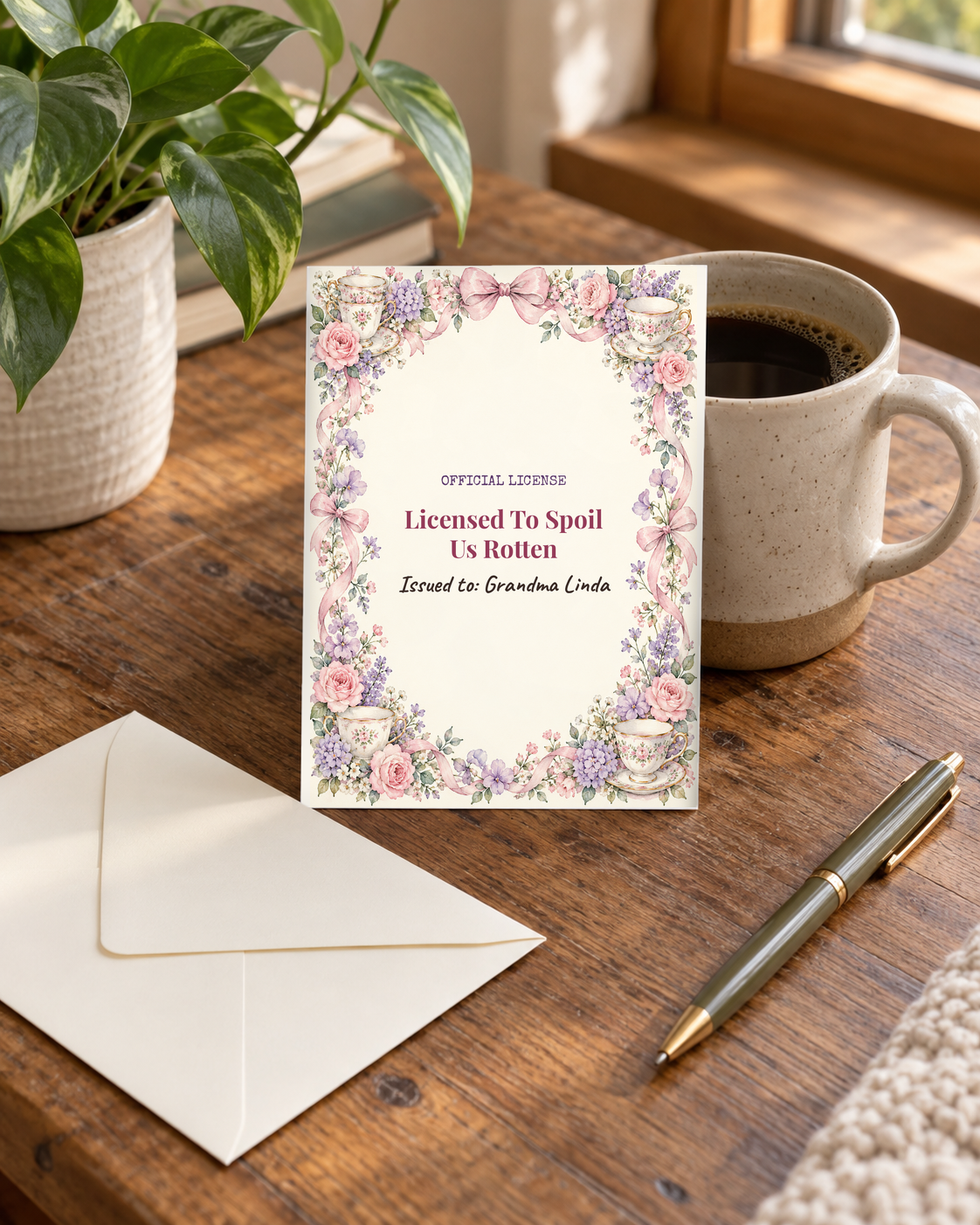 Grandma License card on desk with envelope and pen