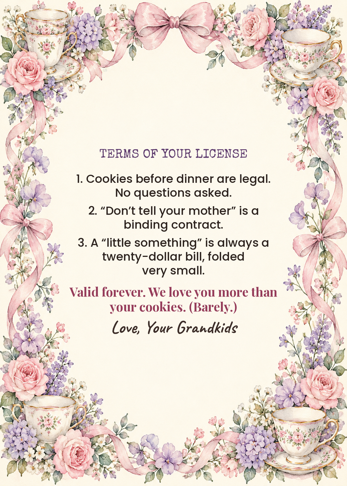 Card inside: terms of your grandma license