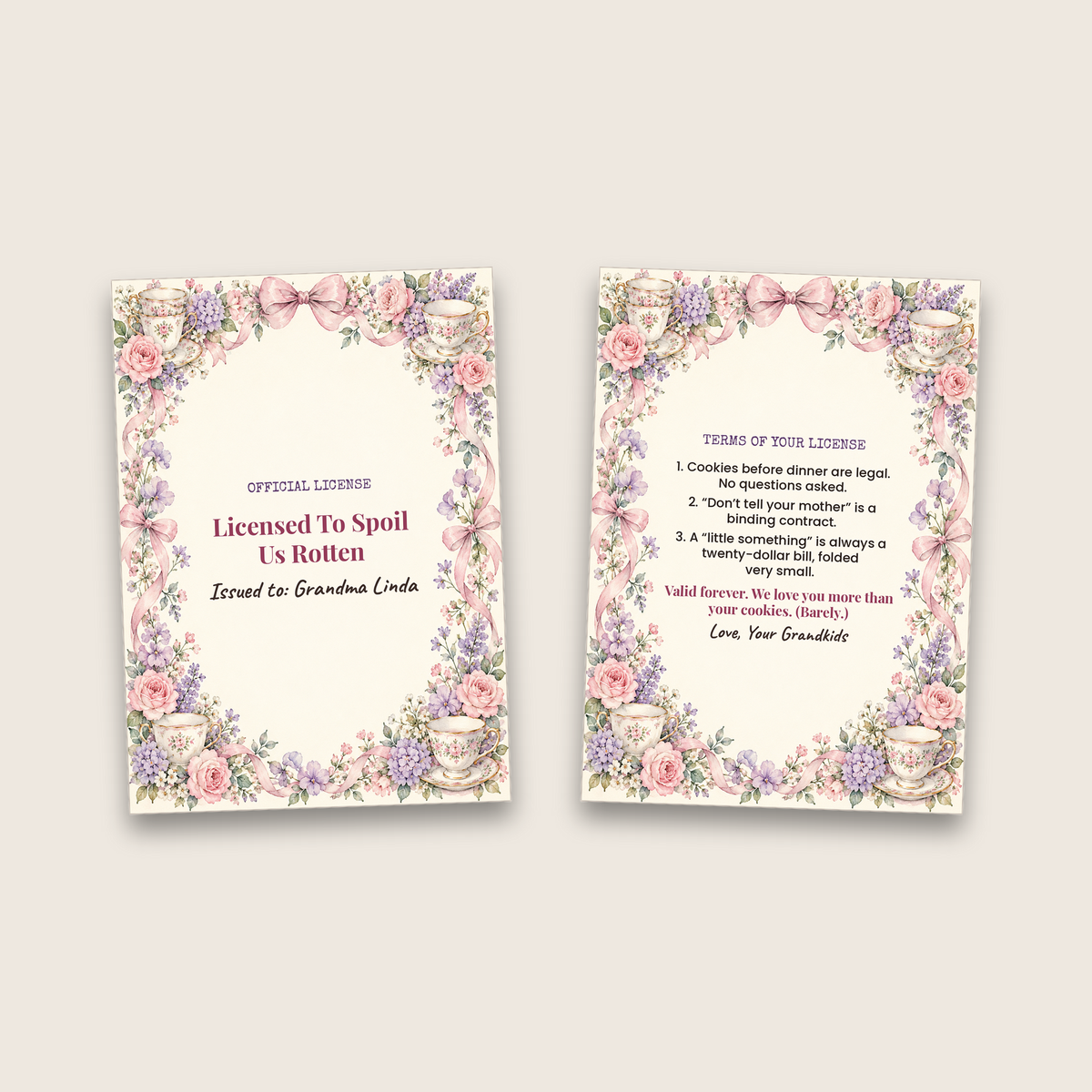 Grandma License card cover and inside side by side