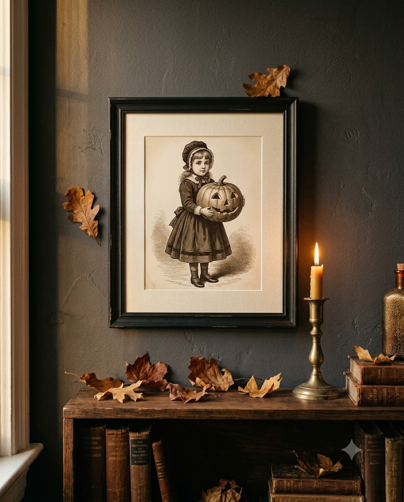 Vintage Halloween girl-with-pumpkin print in black wood frame on charcoal wall - staged interior mockup
