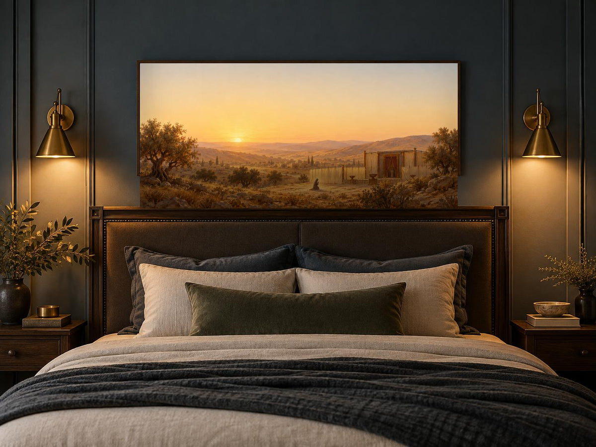 Hannah's Prayer canvas staged above a headboard in a slate-blue bedroom
