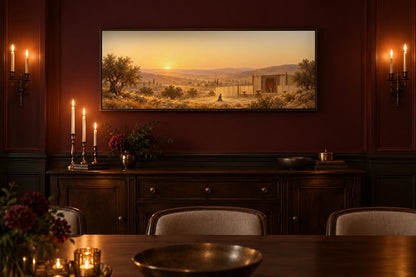 Hannah's Prayer canvas staged above a sideboard in a burgundy dining room