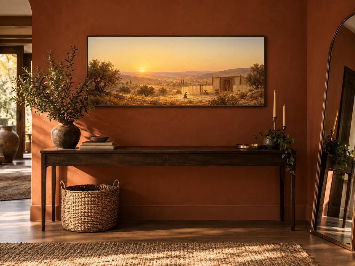 Hannah's Prayer canvas staged above a console table in a terracotta entryway