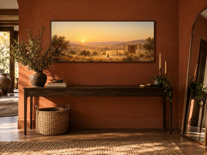Hannah's Prayer canvas staged above a console table in a terracotta entryway