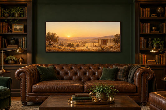 Hannah's Prayer canvas staged above a leather chesterfield in a dark green library