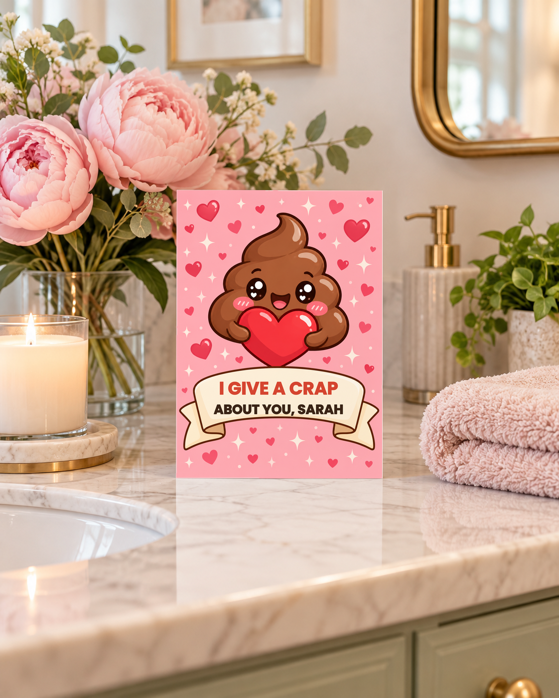 Funny anniversary card on a vanity with peonies