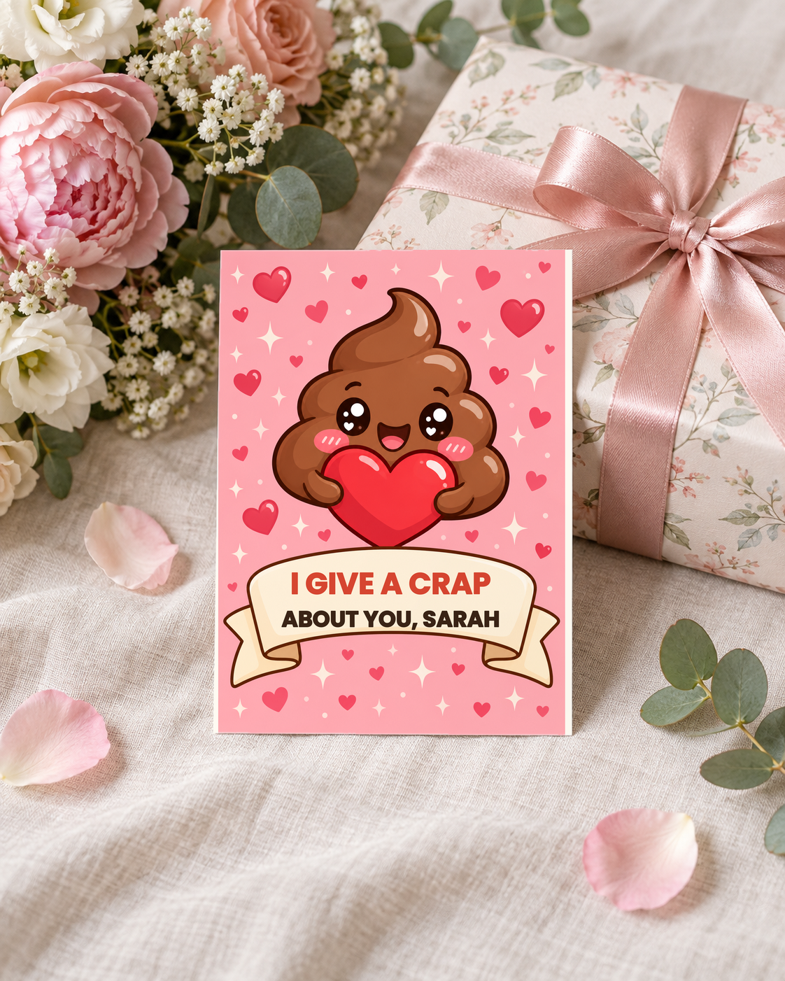 Love card leaning on a pink gift box