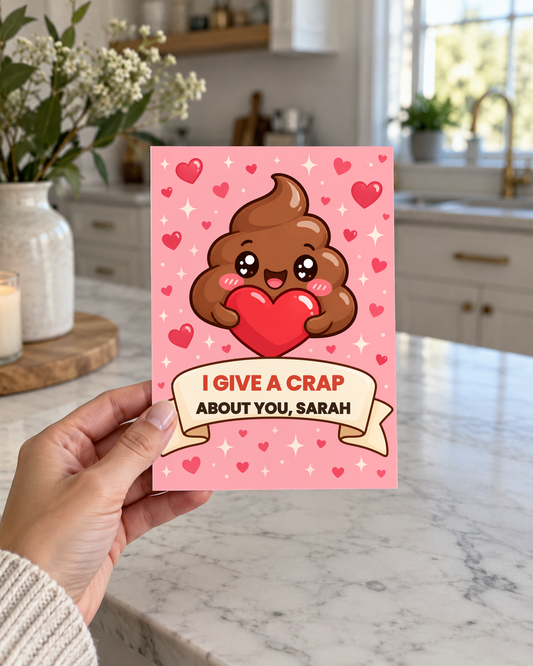 Hand holding the funny love card in a kitchen