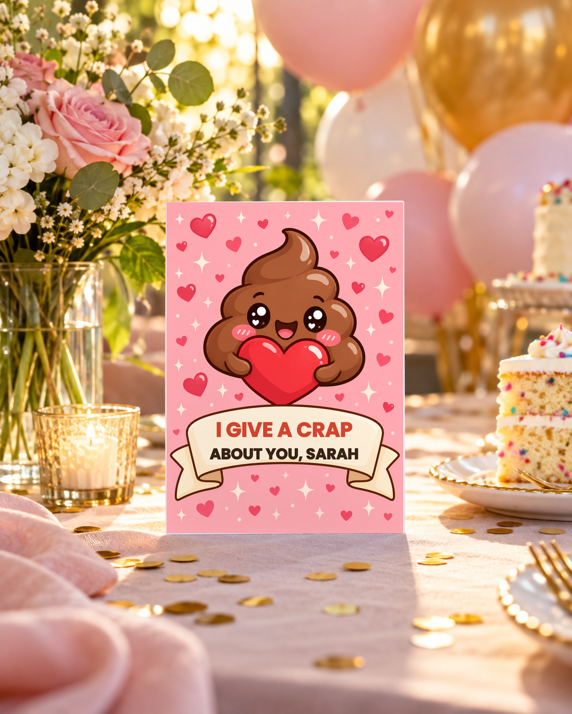 Funny love card on a pretty table with flowers and candle