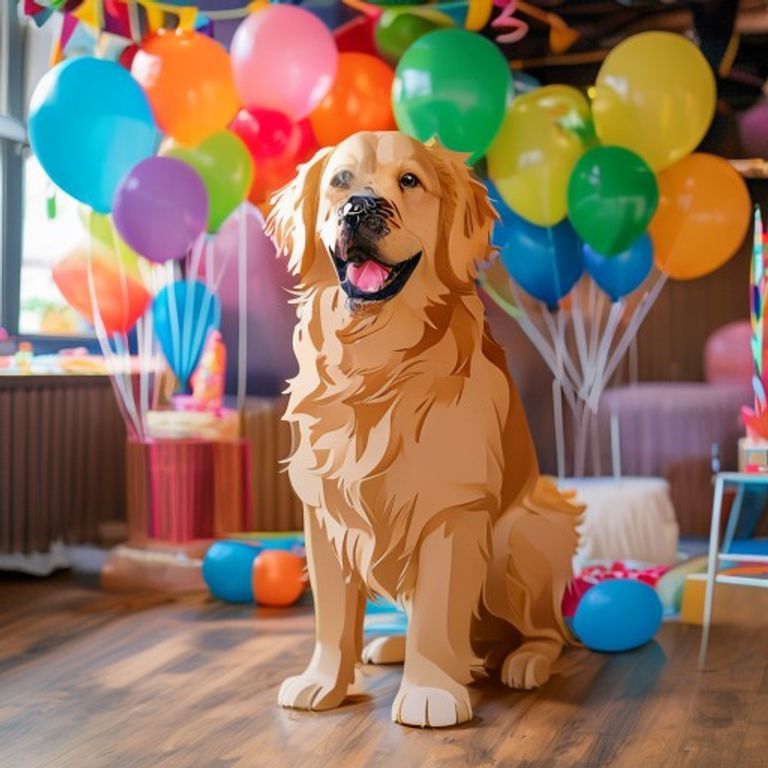 Custom pet photo cutout standee at a birthday party