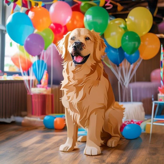 Custom pet photo cutout standee at a birthday party