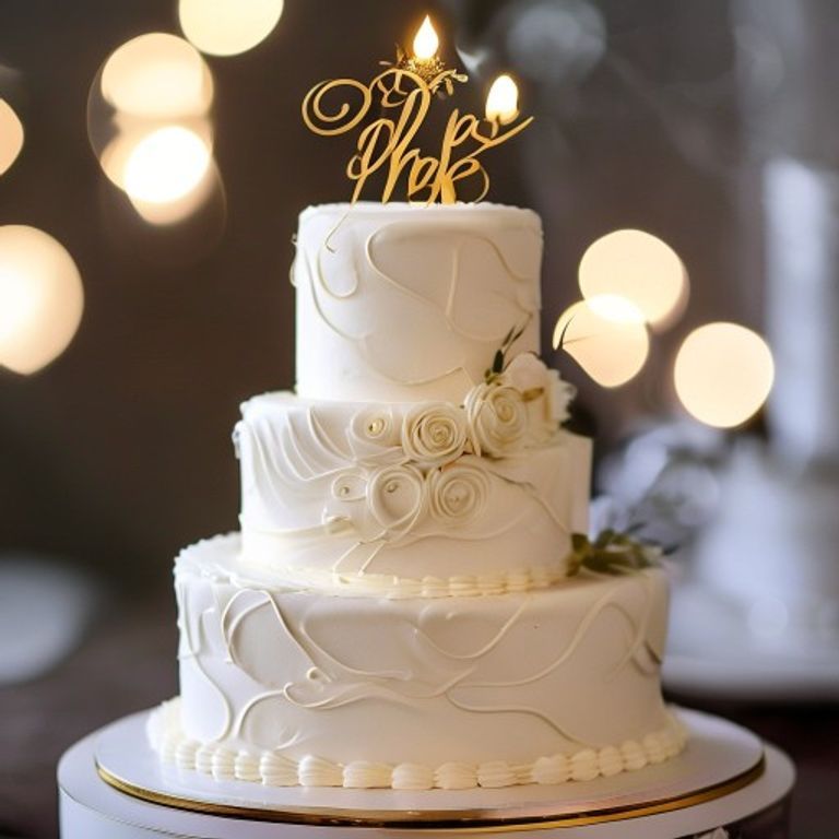 Elegant wedding cake with gold script cake topper