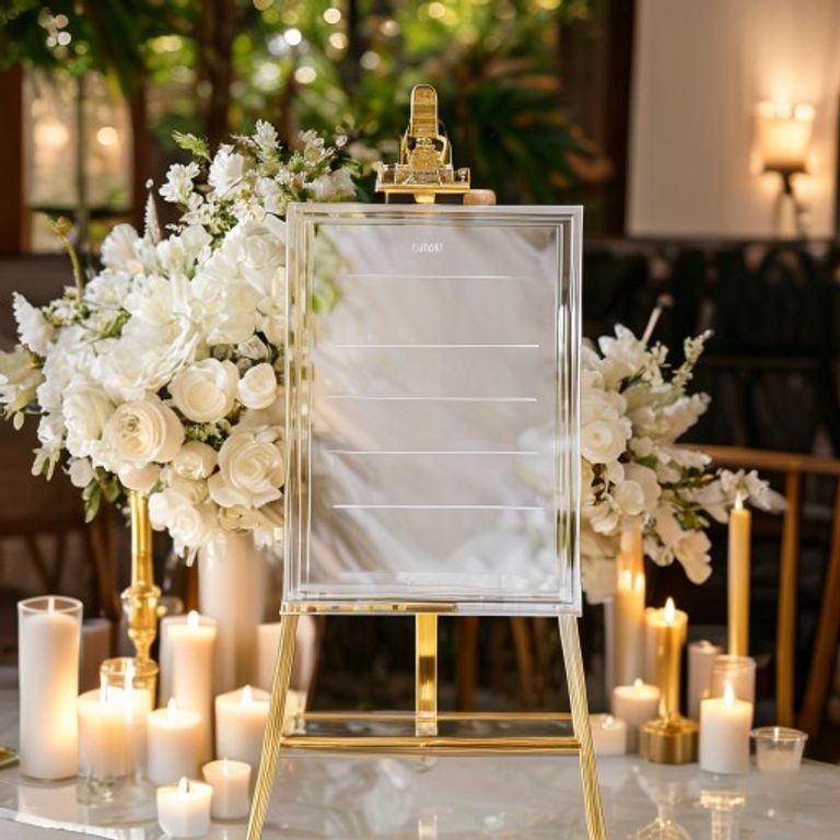 Clear acrylic wedding seating chart on gold easel