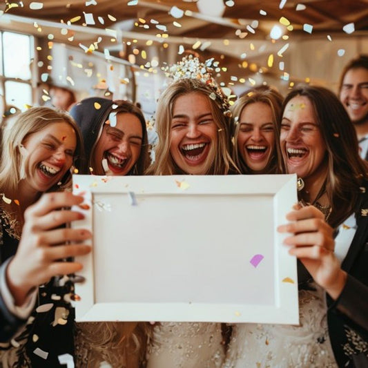 Guests holding oversized selfie frame photo prop