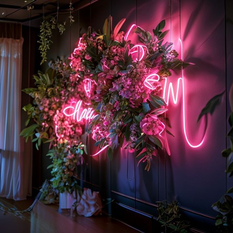 Custom neon LED sign at reception floral wall