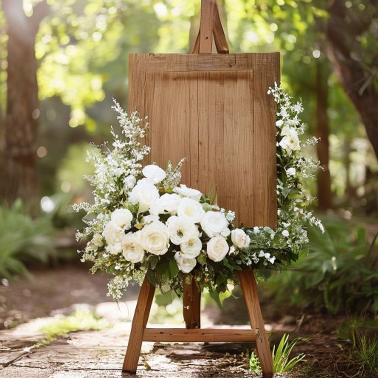 Rustic wood wedding welcome sign on easel with florals