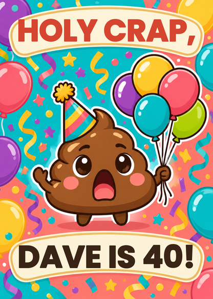 Holy Crap funny milestone birthday card with shocked cute poop emoji in a party hat