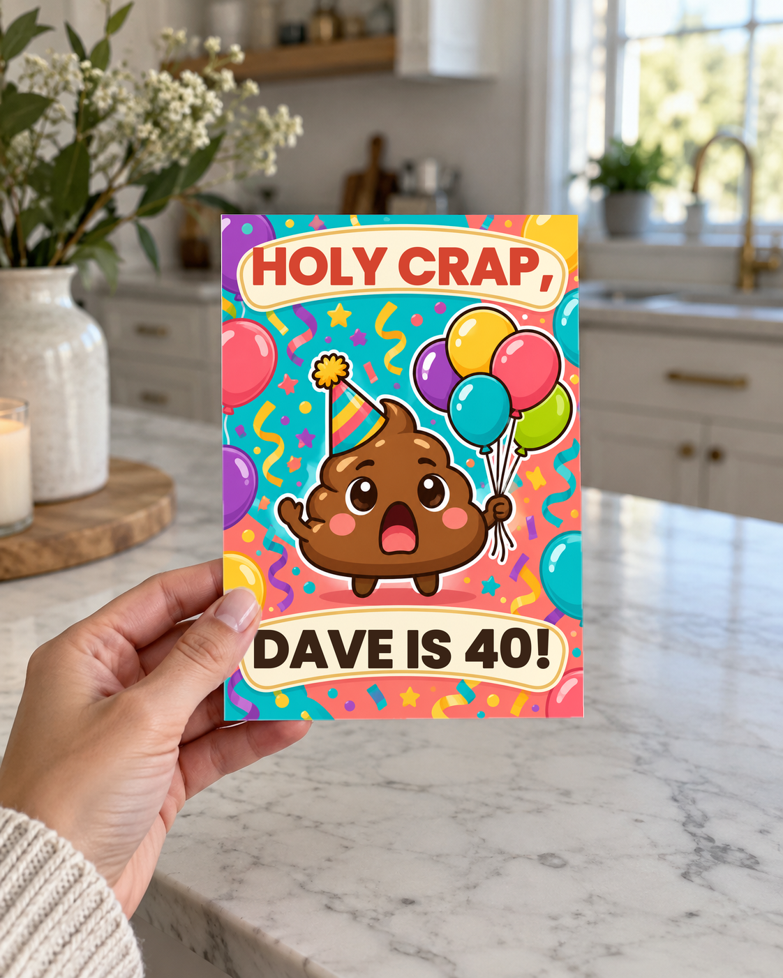 Hand holding the Holy Crap birthday card in a kitchen