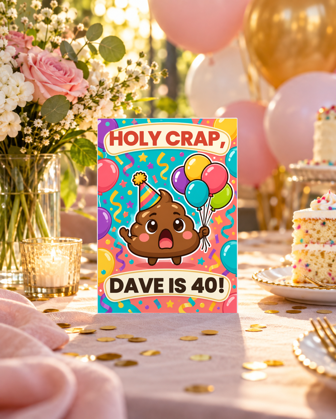Holy Crap birthday card on a pink party table with balloons and cake