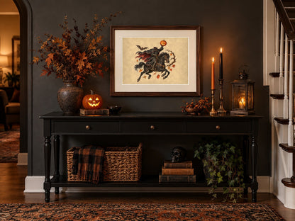 Headless Horseman print framed above a black hallway console with a jack-o-lantern